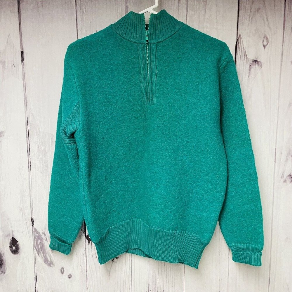 Vintage LL Bean Womens Size Medium Sweater Green 1/4 Zip Pure Wool